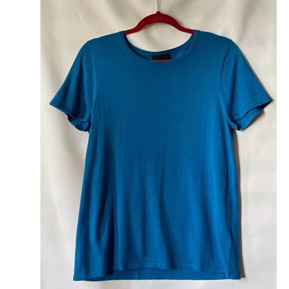 Saks Fifth Ave Silk Cashmere Sweater Womens Medium Blue Short Sleeve Crew Neck - Picture 4 of 5